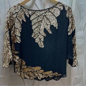 Oleg Cassini Beaded Sequin Top Womens M Black Gold Vintage Evening Blouse Silk